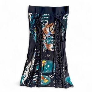 Y2K Ed Hardy tattoo koi fish print knit mini tube dress with corset tie sz S